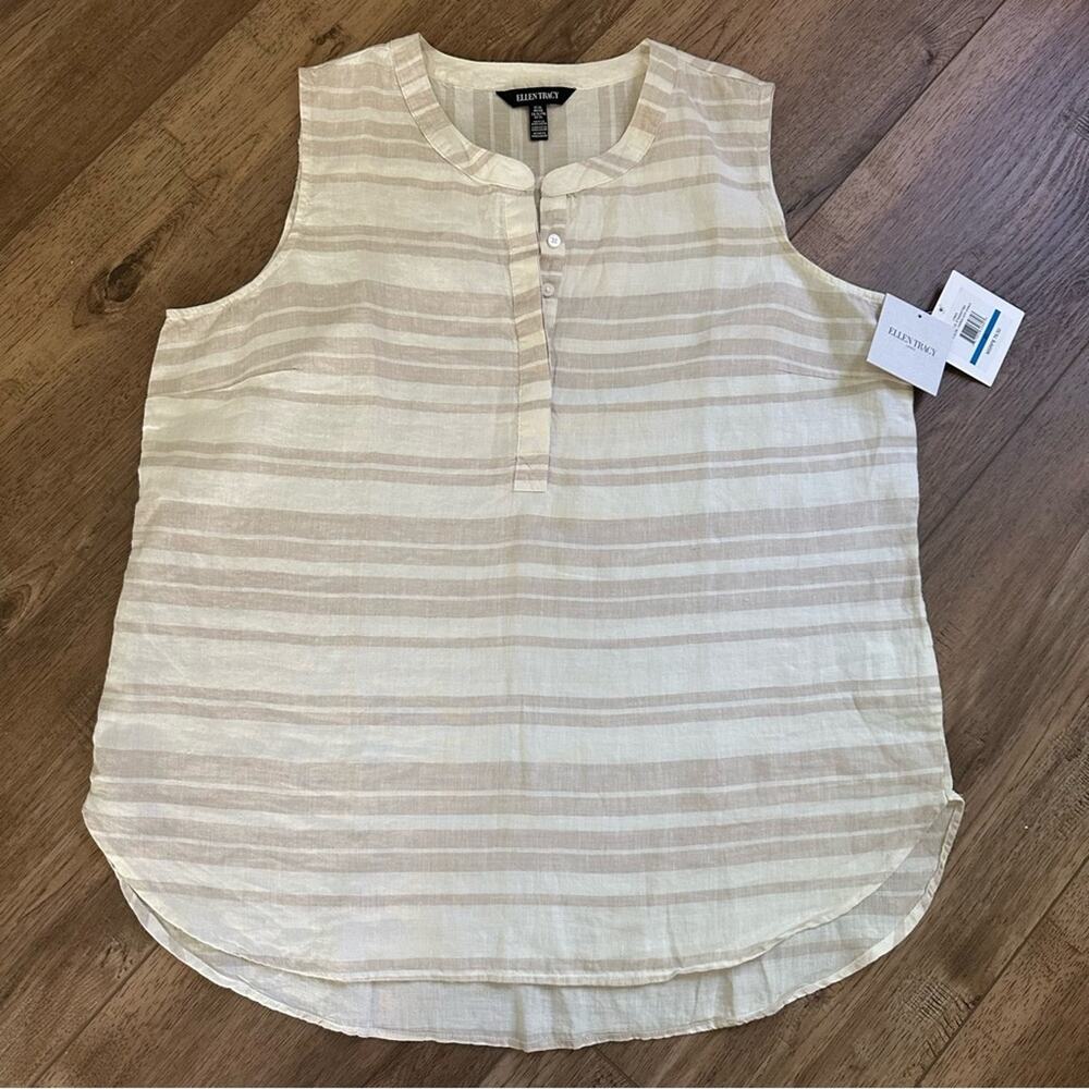 NWT!! Ellen Tracy Beige Striped Sleeveless 100% Linen Blouse, XL